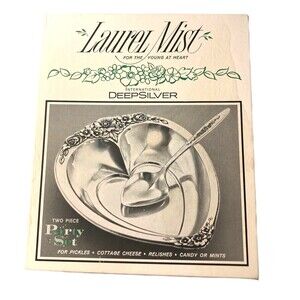 Laurel Mist International Deep Silver Inlaid Serving Spoon & Dish vintage